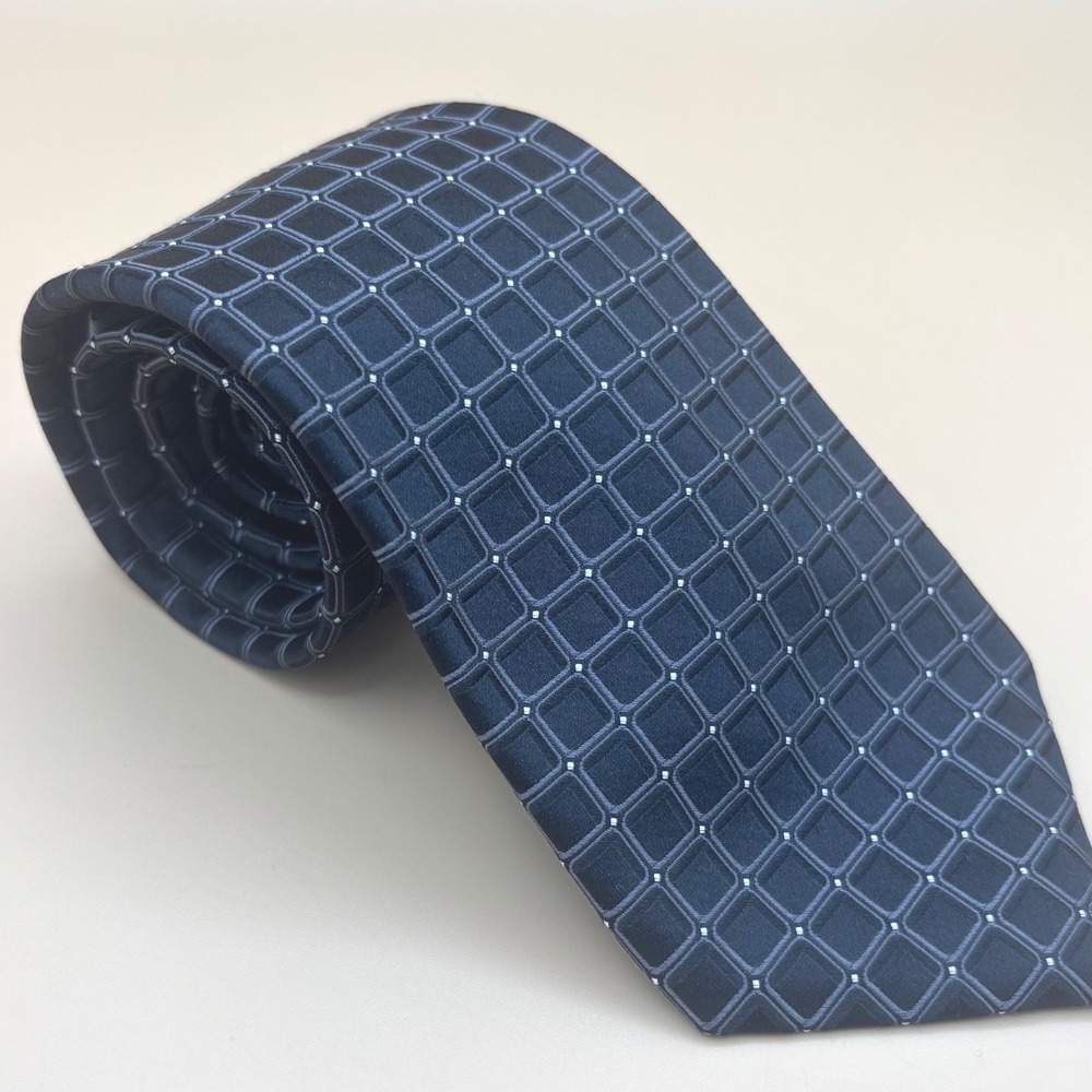 DKNY Mens Silk Necktie Navy Blue Geometric Grid Square Pattern Tie